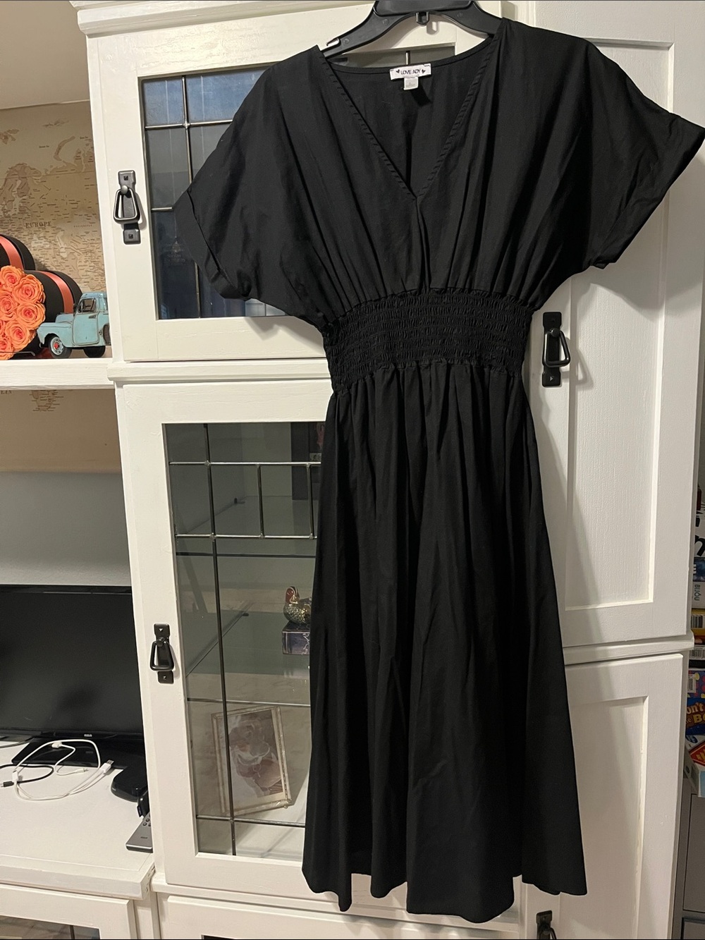 Women’s Black V-Neck Smocked-Waist Midi Dress